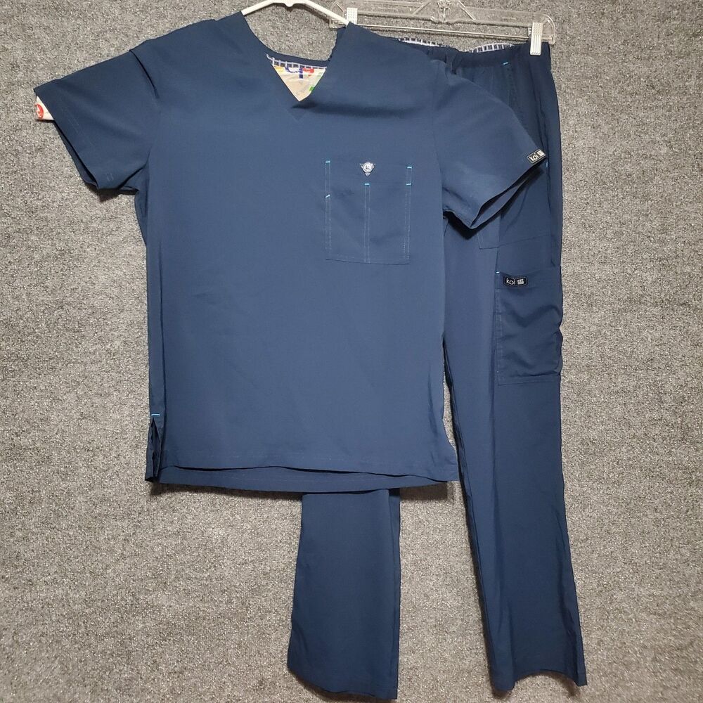 Koi Basics Scrubs Set Blue Women Medical Uniform Solid Top Size S Pants Size M